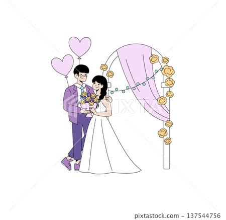 Wedding couple in love standing under a decorated arch with floral accents and heart-shaped balloons Vector illustration captures romantic wedding day moments in a playful style 137544756