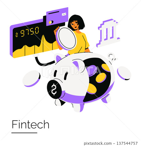 Fintech illustration featuring a woman examining financial data through a digital interface, with a piggy bank symbolizing savings. Includes banking elements and modern finance concepts. 137544757