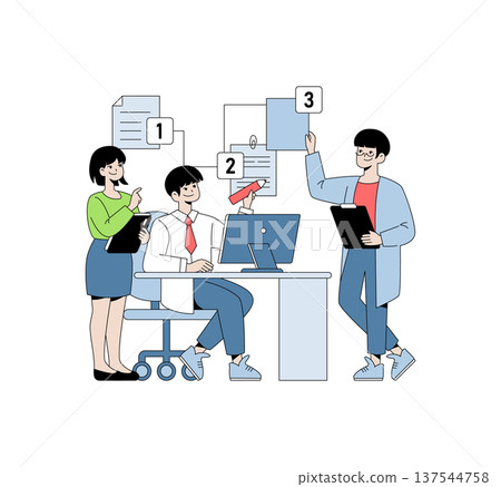 Vector illustration of three people collaborating in an office setting, engaged in task assignment using a computer. Graphic shows documents labeled 1, 2, and 3, suggesting workflow. 137544758