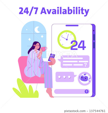 Vector illustration of a woman in pajamas using a mobile app for 24 7 communication. The scene includes a large phone display showing constant connectivity and messaging. 137544761