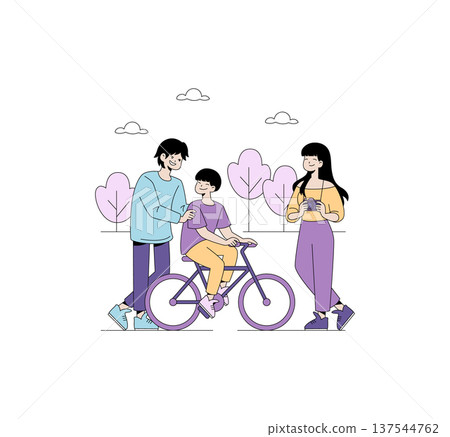 Family enjoying a bike ride outdoors. Child rides confidently while being supported by cheerful adults. Minimalist trees enhance the serene setting in this vector illustration. Family enjoying a bike ride outdoors. Child rides confidently while being supported by cheerful adults. Minimalist trees enhance the serene setting in this vector illustration. 137544762