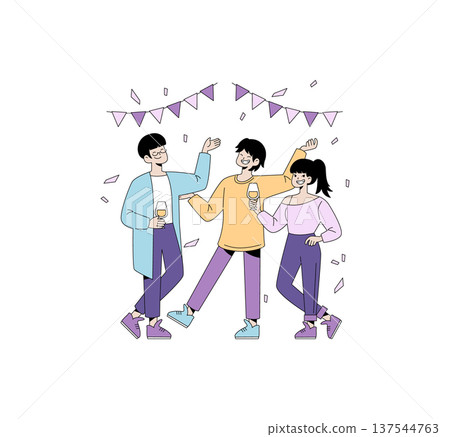 Vector illustration of three friends joyfully celebrating together. They hold glasses and smile while standing under festive decorations, capturing a moment of fun and happiness. Vector illustration of three friends joyfully celebrating together. They hold glasses and smile while standing under festive decorations, capturing a moment of fun and happiness. 137544763