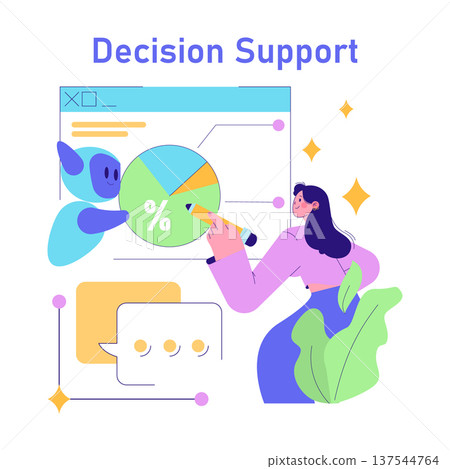 Vector illustration showing a person interacting with an AI robot using a digital decision support system. The person is analyzing data on a pie chart while engaging with the AI. Vector illustration showing a person interacting with an AI robot using a digital decision support system. The person is analyzing data on a pie chart while engaging with the AI. 137544764