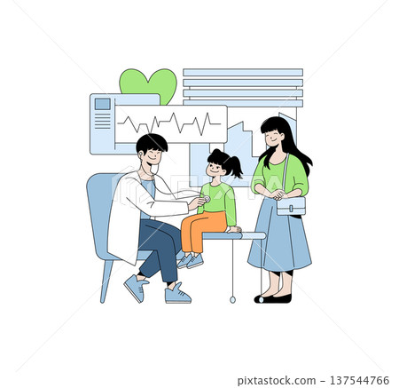 Pediatrician examining a child with a stethoscope as a parent observes in a healthcare setting. Vector illustration showcases a positive family healthcare interaction. 137544766