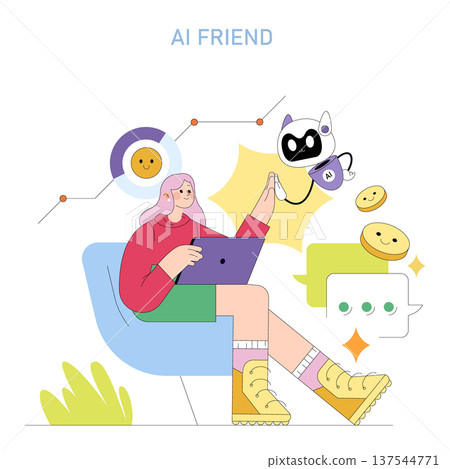 Vector illustration of a woman engaging with an AI robot, symbolizing human-technology interaction and friendship with digital technologies, highlighting positive and modern innovation. 137544771