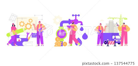 Vector illustration depicting three scenes of construction engineering. Workers engage in architectural planning, management of plumbing systems, and building construction. Tools and machinery are Vector illustration depicting three scenes of construction engineering. Workers engage in architectural planning, management of plumbing systems, and building construction. Tools and machinery are 137544775