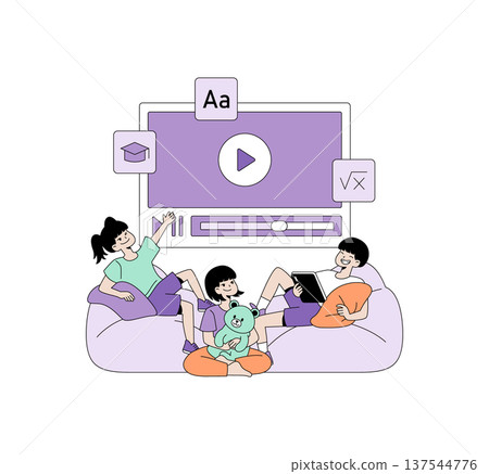 Vector illustration of a joyful family watching an educational video together on a large screen. The scene depicts a relaxed atmosphere with playful and happy interactions. 137544776