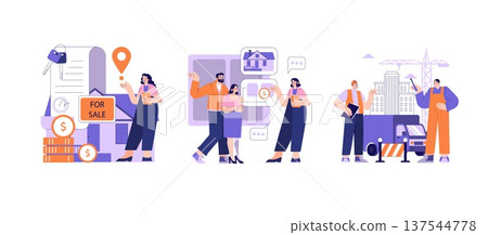 Real estate vector illustration showing three scenes of property sales, online property searches, and construction planning. People interact and discuss housing solutions and construction projects. 137544778