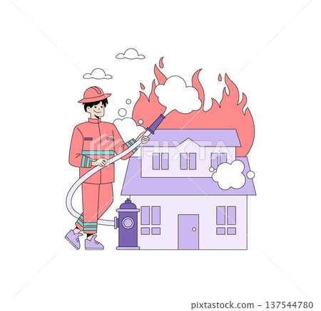 Firefighter in uniform using a hose to extinguish flames on a burning house. Smoke rises as the firefighter works diligently. Vector illustration depicts emergency response action. 137544780