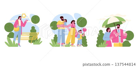 Vector illustration showing various outdoor activities with family and friends. Includes a woman waving, a family walking with a child holding a ball, and a couple sharing an umbrella. Vector illustration showing various outdoor activities with family and friends. Includes a woman waving, a family walking with a child holding a ball, and a couple sharing an umbrella. 137544814