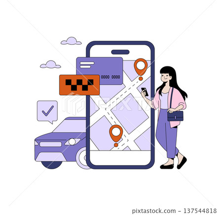 Vector illustration of a woman holding a smartphone with a taxi app open. The app interface shows a map with car and location icons. A car and confirmation icon are included. Vector illustration of a woman holding a smartphone with a taxi app open. The app interface shows a map with car and location icons. A car and confirmation icon are included. 137544818