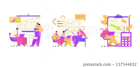 Business analytics meeting vector illustration set with diverse professionals analyzing charts and graphs on laptops. Ideal for presentations, reports, and financial content. Business analytics meeting vector illustration set with diverse professionals analyzing charts and graphs on laptops. Ideal for presentations, reports, and financial content. 137544832