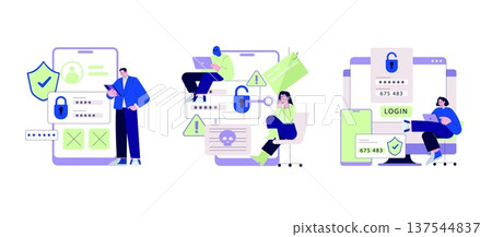 Vector illustration depicting concepts of online security. Includes individuals interacting with symbols of digital safety and threats, highlighting challenges faced in virtual environments. 137544837