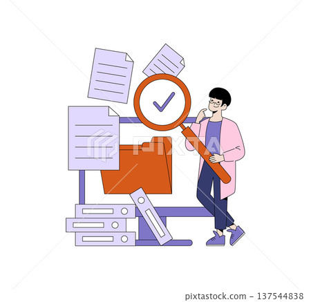 Vector illustration of a person examining documents with a magnifying glass. The image includes files, papers, and a large magnifying glass highlighting a checkmark symbol. 137544838