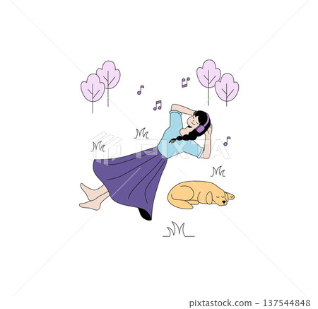 Vector illustration of a person lying on grass with headphones, listening to music and relaxing beside a sleeping dog in a tranquil setting with trees and musical notes. Vector illustration of a person lying on grass with headphones, listening to music and relaxing beside a sleeping dog in a tranquil setting with trees and musical notes. 137544848