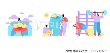 Vector illustration depicting a person meditating on a sofa, another nurturing growth by watering plants, and a third lifting weights for fitness, showcasing balance and wellbeing. 137544855