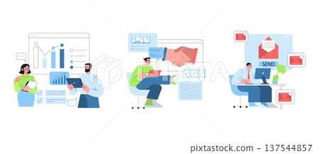 Vector illustration set showing business meeting, collaboration, and communication scenes. Includes chart presentations, teamwork handshake, and email sending in a business environment. 137544857