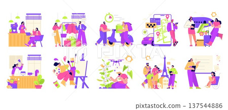 Vector illustration showcasing various professions in a colorful, engaging style. Depicts different occupations through ten distinct scenes, highlighting dynamic individuals in action. 137544886