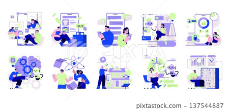 Set of vector illustrations highlighting technology and communication themes. Includes social media interactions, AI learning, online shopping, renewable energy, and data analysis. Vibrant colors and 137544887