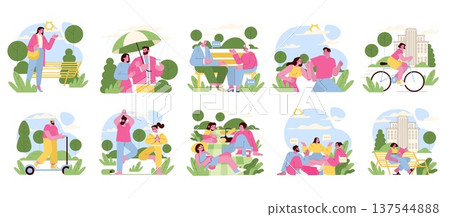Diverse scenes of people enjoying various outdoor activities like reading, cycling, and picnicking in a park. The vector illustration captures joyful and relaxed moments with nature. 137544888