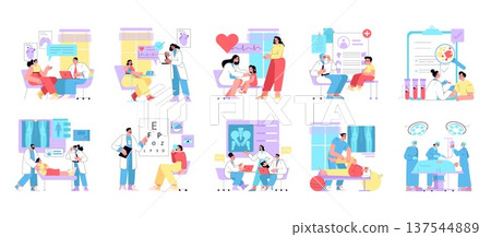 Vector illustrations depicting medical consultations, diagnostics, and treatments. These scenes include doctor-patient interactions, testing, and healthcare settings, showcasing various medical Vector illustrations depicting medical consultations, diagnostics, and treatments. These scenes include doctor-patient interactions, testing, and healthcare settings, showcasing various medical 137544889