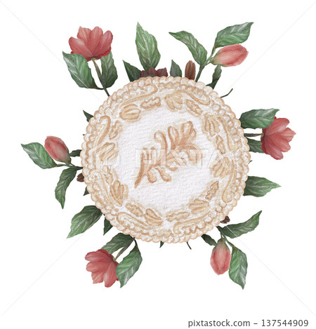 Watercolor illustration Wedding collection Round sweet lambeth cake made of cream and cream with red flowers and green leaves PNG transparent background Hand drawing Vintage 137544909