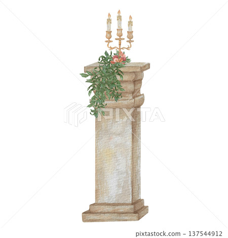 Watercolor illustration Wedding collection Tall vertical stone granite column with candlestick and plants with red flowers Environmental decoration PNG transparent background Hand drawing Vintage 137544912