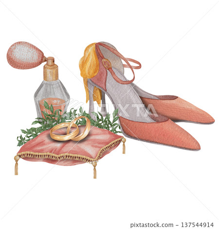 Watercolor illustration Wedding collection Decorations on  red high heels, perfume and a red pillow Rings and greenery PNG transparent background Hand drawing Vintage 137544914