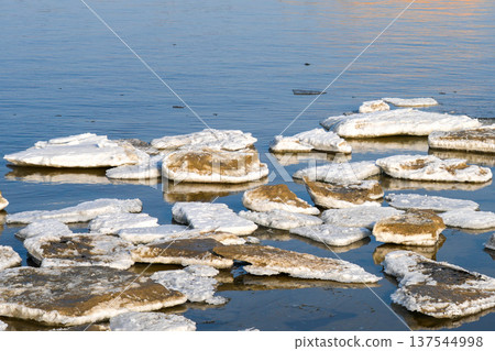 Floating Ice Floes Drifting on Calm Winter Sea Water Under Soft Natural Light Floating Ice Floes Drifting on Calm Winter Sea Water Under Soft Natural Light 137544998
