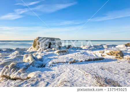 Winter Seascape with Icy Fortification Ruins on Baltic Sea Coast in Liepaja, Latvia Winter Seascape with Icy Fortification Ruins on Baltic Sea Coast in Liepaja, Latvia 137545025