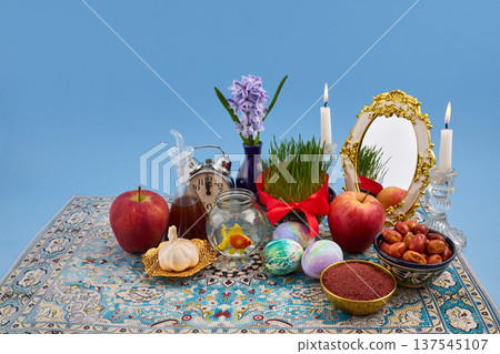 Haft-sin table celebrating persian new year nowruz tradition Haft-sin table celebrating persian new year nowruz tradition 137545107