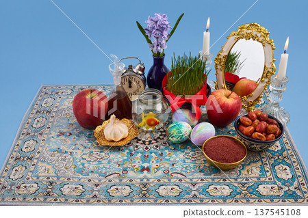 Haft-sin table celebrating nowruz persian new year Haft-sin table celebrating nowruz persian new year 137545108