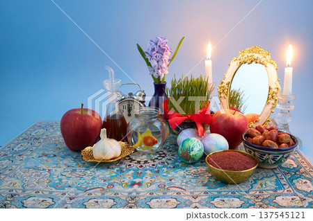 Haft-sin table representing nowruz with symbolic items 137545121
