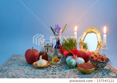 Haft-sin table celebrating persian new year nowruz Haft-sin table celebrating persian new year nowruz 137545122