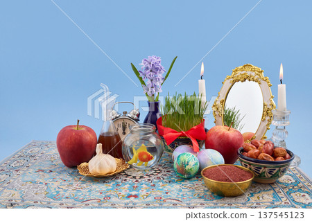 Haft-sin table celebrating persian new year nowruz Haft-sin table celebrating persian new year nowruz 137545123