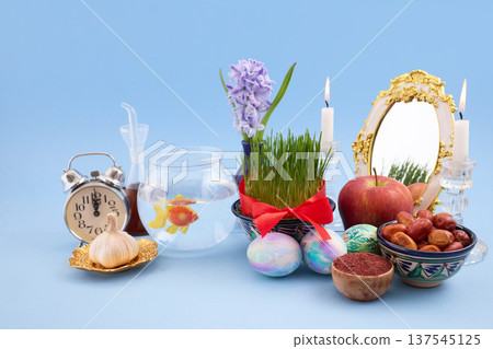 Haft-sin table celebrating nowruz persian new year holiday Haft-sin table celebrating nowruz persian new year holiday 137545125