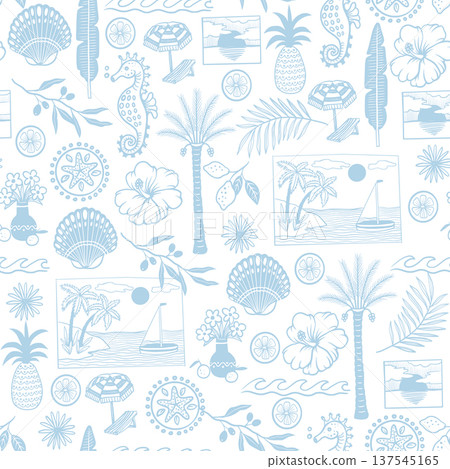 Tropical mediterranean seamless pattern with coastal frames botanical summer line art 137545165