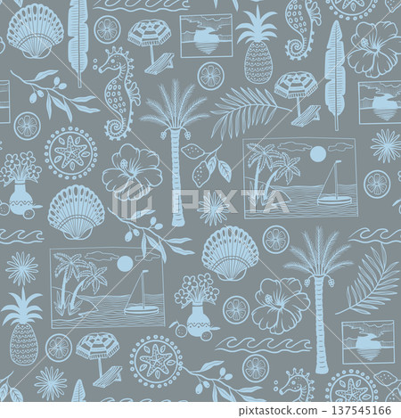 Tropical mediterranean seamless pattern with coastal frames botanical summer line art Tropical mediterranean seamless pattern with coastal frames botanical summer line art 137545166