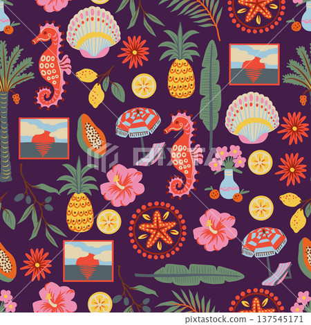 Tropical frame seamless pattern with palm pineapple seahorse flowers coastal summer illustration 137545171