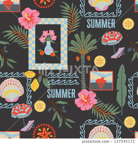Tropical frame seamless pattern with palm pineapple seahorse flowers coastal summer illustration 137545172