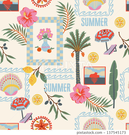 Tropical frame seamless pattern with palm pineapple seahorse flowers coastal summer illustration Tropical frame seamless pattern with palm pineapple seahorse flowers coastal summer illustration 137545173
