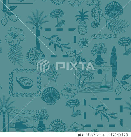 Tropical mediterranean seamless pattern with coastal frames botanical summer line art Tropical mediterranean seamless pattern with coastal frames botanical summer line art 137545175