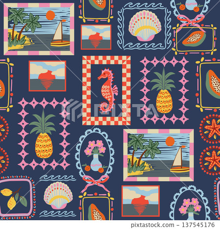 Tropical frame seamless pattern with palm pineapple seahorse flowers coastal summer illustration Tropical frame seamless pattern with palm pineapple seahorse flowers coastal summer illustration 137545176