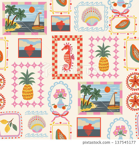 Tropical frame seamless pattern with palm pineapple seahorse flowers coastal summer illustration Tropical frame seamless pattern with palm pineapple seahorse flowers coastal summer illustration 137545177