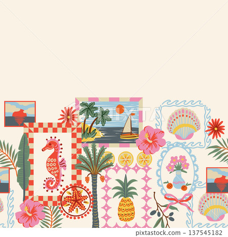 Tropical frame border with palm pineapple seahorse flowers coastal summer illustration Tropical frame border with palm pineapple seahorse flowers coastal summer illustration 137545182