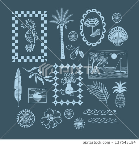 Tropical mediterranean elements with coastal frames botanical summer line art Tropical mediterranean elements with coastal frames botanical summer line art 137545184