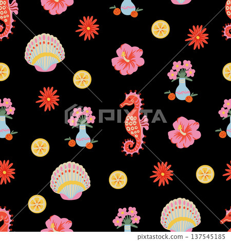 Tropical frame seamless pattern with palm pineapple seahorse flowers coastal summer illustration Tropical frame seamless pattern with palm pineapple seahorse flowers coastal summer illustration 137545185