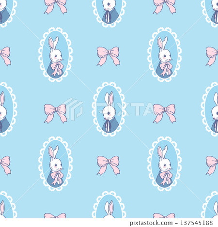 Cute rabbit seamless vector pattern with vintage frames bows pastel nursery illustration Cute rabbit seamless vector pattern with vintage frames bows pastel nursery illustration 137545188