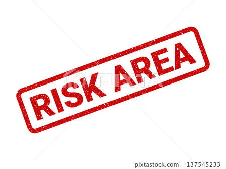 Distressed red rubber stamp impression with the capitalized phrase RISK AREA for caution and safety messaging 137545233