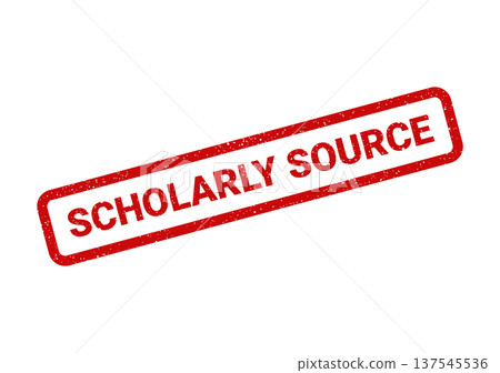 Distressed red scholarly source rubber stamp graphic for educational document verification purposes 137545536